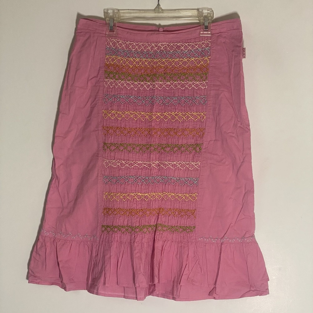 Vintage Oilily Skirt Womens 36 Pink Embroidered Smocked Ruffle Cottage Retro Y2K